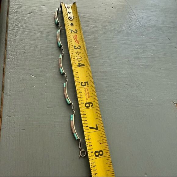 925 Sterling Silver Mother of Pearl & Turquoise Linked Bar Bracelet - Picture 9 of 11